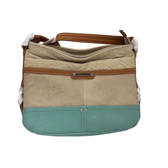 NWT Stone Mountain Leather Handbag  Ice Blue/Tan $169.00 Snap Zipper Close - Picture 1 of 7